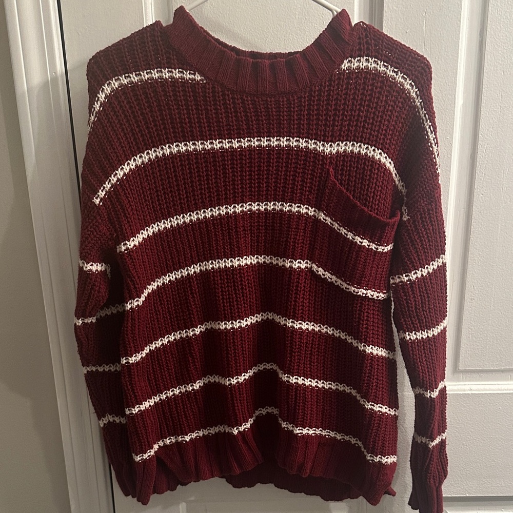 American Eagle Women's Sweater Sz S burgundy/White Front Pocket Striped Sweater